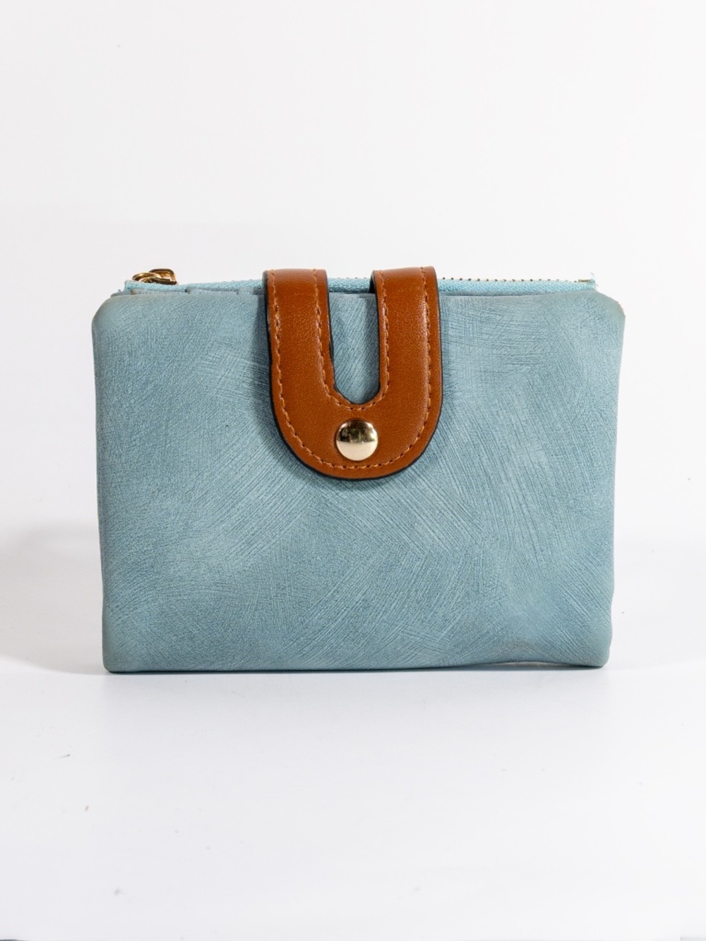 RFID Bifold Blue Leather Wallet Zipper Coin Purse with snap closure